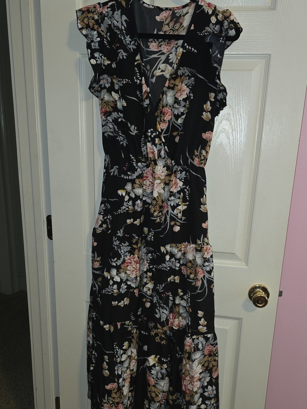 Floral Maxi Dress in Black with Pink & Cream Flowers
